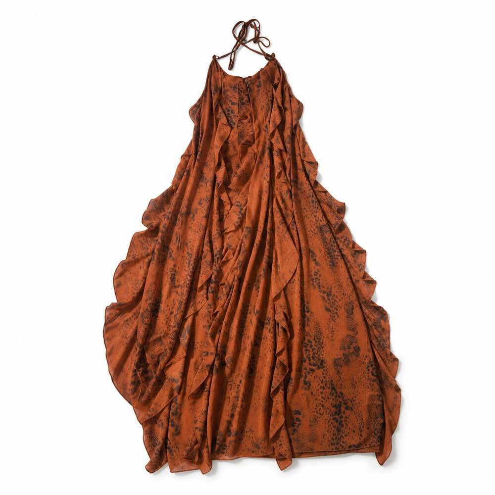 Boho Sheer Swim Cover Up Maxi Dress Rust Brown Animal Print Ruffle Halter Open B